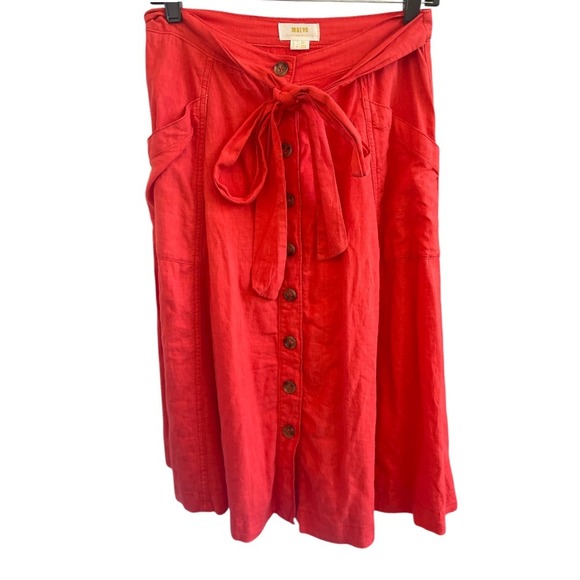 Anthropologie‎ Maeve Red-Orange Faithfull A-line Midi Tie-Waist Skirt 4 - Picture 2 of 12